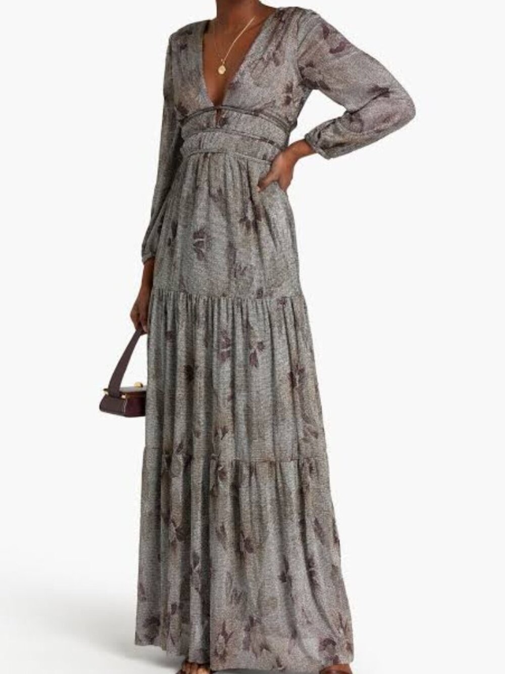 NWT BA&SH Lili Tiered Metallic Floral Long Sleeve Maxi Party Dress - 1/S